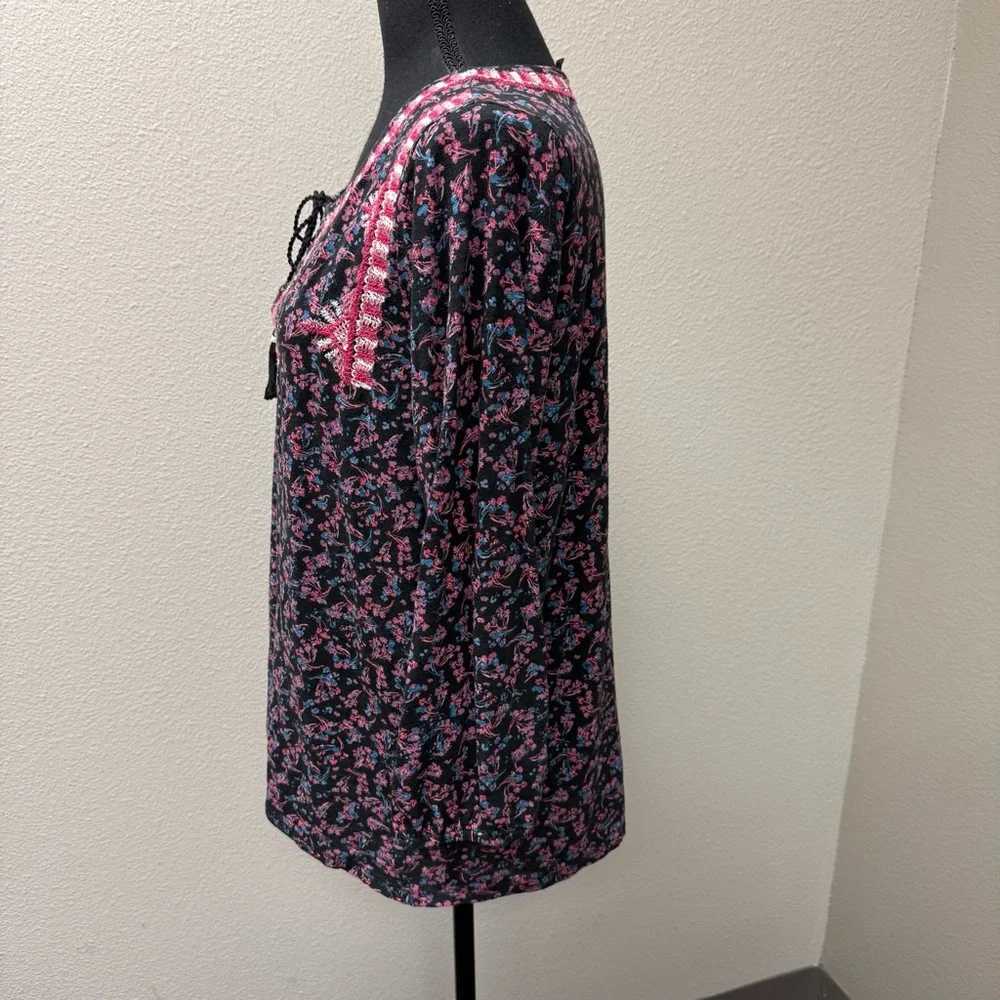 Lucky Brand Black Pink Floral Embroidered Boho Peasant Blouse Tassel Tie XL - Picture 4 of 8
